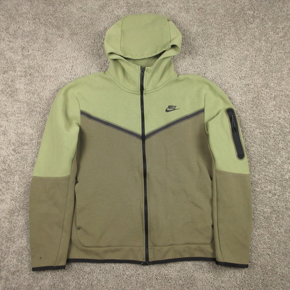 Nike Sweater Mens Large Green Olive Sportswear Tech Fleece Full Zip Hoodie Logo